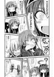  4girls :&lt; =_= ? ahoge bow comic covering_mouth crescent crossed_arms greyscale hair_bow hairband hand_on_hip hand_over_another's_mouth ichimi kantai_collection kongou_(kantai_collection) long_hair monochrome multiple_girls nagatsuki_(kantai_collection) open_mouth ponytail satsuki_(kantai_collection) school_uniform serafuku smile translated yuubari_(kantai_collection) ||_|| 