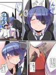  1girl admiral_(kantai_collection) blue_hair blush closed_eyes comic desk eyepatch gloves hand_on_another's_cheek hand_on_another's_face headgear kantai_collection military military_uniform popporunga short_hair tenryuu_(kantai_collection) translated uniform 