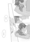  1girl bad_id bad_pixiv_id bed blush cheek_kiss comic couple facial_hair greyscale hetero kiss long_hair makise_kurisu miya_(hooooo) monochrome okabe_rintarou pillow short_hair steins;gate stubble translated 