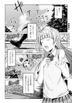  bow bowtie closed_eyes comic greyscale hand_on_own_chest long_hair love_live! love_live!_school_idol_project minami_kotori monochrome nishiuri_warito open_mouth otonokizaka_school_uniform school_uniform solo sweater_vest translated 