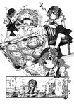  apron ascot baking bread brick_oven chair comic doujinshi flower food greyscale hair_flower hair_ornament head_scarf highres humming kazami_yuuka monochrome musical_note non-web_source oven oven_mitts peel_(tool) scan sitting sitting_backwards smile sunflower_hair_ornament touhou translated tray yuzu_momo 