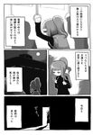  backpack bag building comic dark_room dress empty_eyes greyscale high_ponytail ken_(koala) long_hair monochrome moon night opening_door original sidelocks sweater sweater_dress translated 