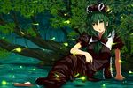  arm_support barefoot bow breasts dress forest front_ponytail green_eyes green_hair hair_bow hair_ribbon highres hitodama in_water kagiyama_hina kokko361 large_breasts leaf long_hair looking_at_viewer nature outdoors parted_lips partially_submerged puffy_short_sleeves puffy_sleeves reclining ribbon short_sleeves solo stream touhou tree_branch 