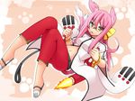  animal_ears blazblue candy cat_ears food glasses highres kokonoe noako_(por1212) pants pince-nez pink_hair red_pants solo yellow_eyes 