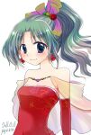  1girl bare_shoulders blue_eyes breasts cape closed_mouth dated detached_sleeves dress earrings final_fantasy final_fantasy_vi green_hair jewelry long_hair looking_at_viewer ponytail ribbon simple_background smile solo tina_branford white_background yaya_(yayaya) 
