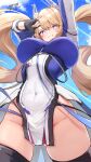  \m/ absurdres arms_up artist_name azur_lane between_breasts black_thighhighs blonde_hair blue_eyes breasts covered_navel cow dated fingerless_gloves from_above gloves guam_(azur_lane) headgear heart heart_sticker heart_tattoo highres large_breasts long_hair looking_at_viewer pelvic_curtain smile star-shaped_pupils star_(symbol) strap_between_breasts symbol-shaped_pupils ta1sh1 tattoo thighhighs thighs twintails 