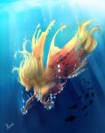 2018 ambient_fish ambient_sealife ambiguous_gender blonde_mane bubble day detailed_background equid equine feathering feral fin fish flowing_mane full-length_portrait fur hi_res hooves horn hybrid light light_beam mammal mane marine outside portrait rizent school_of_fish side_view silhouette solo split_form spots sunbeam sunlight swimming underwater unicorn water yellow_eyes