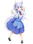  1girl animal_ears apron ascot black_footwear blue_apron blue_bow blue_hair blue_skirt blunt_bangs blush bow brown_eyes closed_mouth collared_shirt double_fox_shadow_puppet eyelashes fox_ears fox_girl fox_shadow_puppet fox_tail full_body hair_bow half_updo hands_up hellfire00001 highres long_sleeves looking_at_viewer machikado_mazoku mary_janes no_socks red_ascot riko_(machikado_mazoku) shirt shoes short_eyebrows short_hair simple_background skirt smile solo standing suspenders tail white_background white_shirt 
