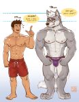 abs anthro bottomwear brown_hair canid canine canis chart clothed clothing duo english_text eyewear flexing fur glasses grey_body grey_fur hair height_chart hi_res human human_on_anthro interspecies jewelry larger_anthro larger_male male male/male mammal mondoart mostly_nude multicolored_tail muscular muscular_anthro muscular_human muscular_male necklace nipples pecs shorts signature size_chart size_difference smaller_human smaller_male tail text topless topless_male underwear underwear_only white_body white_fur white_hair wolf