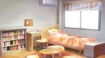  bed bedroom book bookshelf bulletin_board film_grain game_cg indoors izumi_tsubasu no_humans non-web_source official_art pillow re:stage! rug scenery swivel_chair table window window_shade wooden_desk wooden_floor 