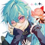  1boy :p black_nails black_sleeves blue_hair blue_jacket braid chest_tattoo earrings fairy film_grain finger_tattoo fragaria_memories hangyon_(fragaria_memories) highres jacket jewelry long_hair looking_at_viewer male_focus one_eye_closed open_clothes open_jacket pink-tinted_eyewear pink_hair pointy_ears purple_eyes shadow signature simple_background solo swept_bangs tassel tassel_earrings tattoo tinted_eyewear tongue tongue_out white_background yuhi_(hssh_6) 