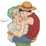  2boys anger_vein black_eyes black_hair carrying carrying_person cheek_press clinging eye_contact face-to-face full_body green_hair hand_on_another&#039;s_back hands_on_another&#039;s_face haramaki hat highres leg_lock looking_at_another male_focus monkey_d._luffy multiple_boys nsozp one_armed_carry one_piece romaji_text roronoa_zoro scar scar_on_cheek scar_on_face short_hair sideburns simple_background smile speech_bubble straw_hat sweatdrop upper_body white_background 