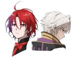  2boys alear_(fire_emblem) alear_(male)_(fire_emblem) closed_mouth fire_emblem fire_emblem_awakening fire_emblem_engage hair_between_eyes highres looking_at_viewer looking_to_the_side male_focus multiple_boys red_eyes red_hair robin_(fire_emblem) robin_(male)_(fire_emblem) short_hair simple_background white_background white_hair zuzu_(ywpd8853) 