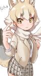  :3 absurdres animal_ears blonde_hair blush brown_hair coat cowboy_shot extra_ears fox_ears fox_girl fox_tail fuzhuz grey_coat grey_necktie grey_skirt hair_between_eyes highres kemono_friends kemono_friends_3 kit_fox_(kemono_friends) long_sleeves multicolored_hair necktie open_clothes open_coat plaid plaid_necktie plaid_skirt pleated_skirt scarf shirt short_hair sidelocks skirt tail white_hair white_scarf white_shirt yellow_eyes 