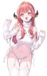  1girl :d alternate_costume aru_(blue_archive) ass_visible_through_thighs blue_archive breasts highres large_breasts long_hair meme_attire navel open_mouth panties red_eyes red_hair satoupote simple_background smile solo sweater thighs turtleneck turtleneck_sweater underwear white_background white_panties white_sweater 