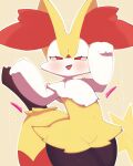  1girl animal_ear_fluff animal_ears animal_nose black_fur blush body_fur braixen commentary cowboy_shot fang flat_chest fox_ears fox_girl fox_tail furry furry_female groin half-closed_eyes hands_up happy heart highres looking_at_viewer multicolored_fur navel neck_fur open_mouth outline paw_pose pokemon pokemon_(creature) red_eyes sakuyan_(sakuyan1007) smile snout solo standing star_(symbol) stick stomach tail thick_thighs thighs white_fur white_outline wide_hips yellow_background yellow_fur 