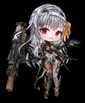  1girl armor armored_boots armored_gloves bandaged_head bandages black_gloves blush bodystocking bodysuit boots breasts chibi cleavage disgustingtokki fingerless_gloves gloves goddess_of_victory:_nikke grey_hair gun hair_ribbon high_heel_boots high_heels highres large_breasts long_hair looking_at_viewer mecha_musume mechanical_tail modernia_(nikke) open_mouth red_eyes ribbon see-through see-through_cleavage shoulder_armor sidelocks smile solo submachine_gun tail weapon white_hair yellow_ribbon 