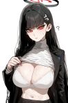  1girl black_hair black_halo black_jacket blue_archive bra breasts cleavage clothes_lift hair_ornament hairclip halo highres jacket large_breasts lifted_by_self long_hair looking_at_viewer navel red_eyes rio_(blue_archive) simple_background solo stomach sweat sweatdrop sweater sweater_lift turtleneck turtleneck_sweater underwear very_long_hair white_background white_bra white_sweater zgom1251129 
