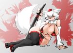 animal_humanoid areola asian_mythology big_breasts big_butt big_tail bra breasts butt canid canid_humanoid canine canine_humanoid clothing east_asian_mythology female hair hat headgear headwear hi_res huge_breasts huge_thighs humanoid japanese_mythology looking_aside lying mammal mammal_humanoid melee_weapon momiji_inubashiri mythology on_side open_mouth panties red_eyes signature solo sword tail text thick_thighs touhou underwear weapon white_hair wolf_humanoid yokai zedrin