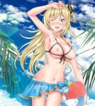  1girl absurdres after_sex armpits ayasaki_(711733) ball beachball bikini blonde_hair breasts cloud cum cum_in_pussy cupless_bikini duel_monster green_eyes heavy_breathing highres holding holding_ball holding_beachball lactation large_breasts looking_at_viewer navel nipples outdoors palm_tree pussy sky_striker_ace_-_raye smile solo standing sun_glare swimsuit tree yu-gi-oh! 