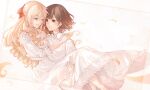  2girls blonde_hair blue_eyes bow brown_eyes brown_hair carrying claire_francois dress drill_hair frilled_dress frills hair_between_eyes hair_bow highres long_hair multiple_girls princess_carry rae_taylor short_hair smile watashi_no_oshi_wa_akuyaku_reijou white_dress xufi2468 yuri 