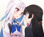  2girls black_hair blue_eyes blue_hair blush colored_inner_hair lize_helesta lize_helesta_(1st_costume) long_hair multicolored_hair multiple_girls nijisanji open_mouth pink_eyes school_uniform simple_background sou_(tuhut) tsukino_mito tsukino_mito_(1st_costume) virtual_youtuber white_background white_hair 