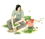  1boy 1girl black_hair bored bug butterfly clover father_and_daughter full_body green_hair head_wreath koiwai_yotsuba looking_at_another mr._koiwai on_grass print_shirt renton_(guero) shirt simple_background sitting white_background yotsubato! 