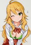  1girl ;) ahoge blonde_hair blush bow bowtie bra breasts brown_bow brown_bowtie cleavage closed_mouth collared_shirt cowboy_shot green_bra green_eyes grey_background highres hoshii_miki idolmaster idolmaster_(classic) large_breasts leaning_forward long_hair long_sleeves looking_at_viewer one_eye_closed open_clothes open_shirt partially_unbuttoned plaid plaid_bow presenting_breasts shirt sidelocks simple_background smile solo sparkle split_mouth sweat underwear v-shaped_eyebrows v_arms very_long_hair wavy_hair white_shirt zenoo 
