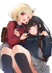  2girls ;d backpack bag black_hair black_socks blonde_hair blue_ribbon blush cheek_poking closed_mouth commentary convenient_leg eyelashes eyes_visible_through_hair feet_out_of_frame foreshortening green_ribbon grey_skirt hair_between_eyes hair_ribbon happy highres hug index_finger_raised inoue_takina kneehighs knees_up long_hair long_sleeves looking_at_another looking_at_viewer lycoris_recoil lycoris_uniform miniskirt multiple_girls neck_ribbon nishikigi_chisato one_eye_closed one_side_up open_mouth pleated_skirt poking purple_eyes red_eyes red_ribbon ribbon sagara_riri short_hair sidelocks simple_background sitting skirt smile socks standing straight_hair twitter_username upturned_eyes white_background 