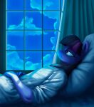 anthro bed clothing cloud cloudscape curtains curtains_open dreamcore equid equine female fingers friendship_is_magic furniture hasbro hi_res horn lidded_eyes lying mammal my_little_pony on_back pillow sky solo suhar twilight_sparkle_(mlp) unicorn window
