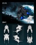  3d asteroid commentary concept_art copyright_name emblem eve_online flying frigate_(eve_online) from_side gallente_federation_(eve_online) glowing highres in_orbit logo military_vehicle multiple_views no_humans original outdoors planet reference_sheet rock science_fiction space thrusters vehicle_focus xeno-striker 