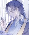  1boy blurry bun_cover chinese_clothes chinese_hairpin depth_of_field flower hanfu highres holding_hairpin jinshi_(kusuriya_no_hitorigoto) kagaku_o kusuriya_no_hitorigoto long_hair looking_at_object looking_down open_mouth purple_eyes purple_flower purple_hair solo window 