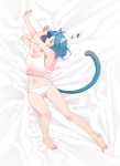  1girl animal_ears arknights avi_(baltika_seven) barefoot blue_hair blush breasts cat_ears cat_girl cat_tail cleavage closed_eyes feet highres legs lying monique_(arknights) navel on_back panties shirt short_hair small_breasts solo strap_slip stretching tail toenails toes underwear white_panties white_shirt zzz 