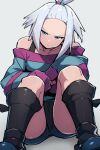  1girl ai-generated bare_shoulders blue_eyes boots bra_strap forehead glaring hair_bobbles hair_ornament looking_at_viewer platform_boots platform_footwear pokemon pokemon_bw2 rewin_(nobabys_perfect) roxie_(pokemon) sitting striped thighs white_hair 