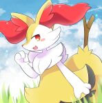  1girl :3 animal_ear_fluff animal_ears animal_hands animal_nose arm_at_side black_fur blue_sky blush blush_stickers body_fur braixen cloud commentary day fang flat_chest fox_ears fox_girl fox_tail grass hand_up happy lens_flare looking_at_viewer multicolored_fur neck_fur open_mouth outdoors pokemon pokemon_(creature) red_eyes sky smile snout solo standing stick tail unimaru_(unimaru9751137) white_fur yellow_fur 