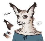 2023 anthro blue_clothing blue_eyes blue_topwear brown_body brown_fur brown_spots bust_portrait cheek_tuft clothed clothing dated ear_tuft facial_tuft felid female front_view fur head_tuft inner_ear_fluff lostgoose mammal mouth_closed neck_tuft portrait shoulder_tuft signature simple_background solo spots tan_body tan_fur topwear tuft white_background white_body white_fur white_inner_ear_fluff