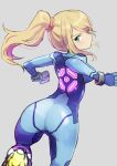  1girl armor ass blonde_hair blue_bodysuit bodysuit highres long_hair looking_at_viewer ponytail power_armor power_suit samus_aran simple_background skin_tight solo super_smash_bros. zero_suit 