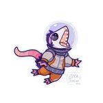 2023 ambiguous_gender american_opossum anthro armor astronaut clothed clothing digital_media_(artwork) feral floating full-length_portrait fur grey_clothing hair headgear helmet hi_res mammal marsupial open_mouth orange_clothing pink_nose pink_tail portrait pose signature simple_background sitaduncan solo spacesuit tail teeth text virginia_opossum what white_background white_body wide_eyed