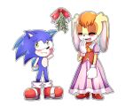 age_difference anthro blue_body blue_fur blush christmas clothing duo eulipotyphlan female footwear fur giggle gloves green_eyes handwear hedgehog holidays lagomorph leporid male male/female mammal mature_anthro mature_female mistletoe nervous_smile older_female plant rabbit sega size_difference smile sonic_the_hedgehog sonic_the_hedgehog_(series) tail vaatimage vanilla_the_rabbit