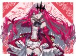  1girl absurdres baobhan_sith_(fate) baobhan_sith_(first_ascension)_(fate) bare_shoulders breasts center_frills detached_collar detached_sleeves dress earrings ebora fate/grand_order fate_(series) frills grey_eyes highres jewelry large_breasts long_hair looking_at_viewer open_mouth pink_hair pointy_ears red_dress red_thighhighs sidelocks smile solo thighhighs thighs tiara 