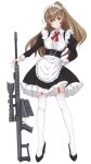  1girl alternate_costume apron black_dress blue_eyes brown_hair dress enmaided frilled_dress frills full_body garter_straps gun hand_on_own_hip highres kantai_collection kumano_(kancolle) long_hair maid maid_headdress nitamako_(sakamalh) ponytail rifle simple_background sniper_rifle solo thighhighs weapon weapon_request white_apron white_background white_thighhighs 