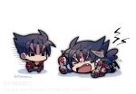  2boys belt black_eyes black_jacket black_pants chibi closed_eyes devil_jin facial_mark fang forehead_jewel gloves grey_horns horns jacket kazama_jin kotorai male_focus multiple_boys no_mouth open_mouth pants red_belt red_gloves signature simple_background tantrum tekken thick_eyebrows unamused white_background 