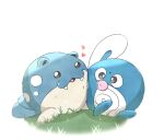  animal_focus black_eyes bright_pupils cheek_squash fangs heart highres looking_at_another no_humans nostrils on_grass open_mouth pokemon pokemon_(creature) poliwag r18ankou simple_background spheal white_background white_pupils 