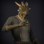 1:1 2021 3d_(artwork) absurd_res anthro argonian belt bethesda_softworks clothed clothing digital_media_(artwork) dotterkletch facial_spikes green_body green_eyes grey_clothing hi_res horn jewelry knife male mouth_closed portrait scalie solo spikes spikes_(anatomy) the_elder_scrolls zbrush