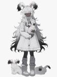  1girl animal animal_ears blush boots cable_knit coat dark-skinned_female dark_skin floppy_ears full_body fur-trimmed_boots fur_trim gradient_hair grey_eyes grey_hair highres holding_rabbit long_bangs long_hair long_sleeves looking_at_viewer messy_hair multicolored_hair open_mouth original rabbit_ears rabbit_girl shou_(mori_boro) simple_background socks solo standing sweater very_long_hair white_background white_coat white_footwear white_hair white_socks white_sweater 