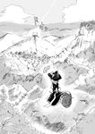  bow broom broom_riding bush close-up cloud comic flying from_side greyscale hat hat_bow judo_fuu kirisame_marisa looking_at_viewer monochrome monster mountain parted_lips speech_bubble talking text_focus torii touhou upper_body village witch_hat 