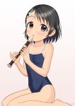  1girl :o bare_legs barefoot black_eyes black_hair blue_one-piece_swimsuit check_commentary collarbone commentary_request dot_nose flat_chest hair_ornament hairclip highleg highleg_swimsuit highres holding_flute idolmaster idolmaster_cinderella_girls legs light_blush looking_at_viewer one-piece_swimsuit pink_background rabbit_hair_ornament sasaki_chie school_swimsuit short_hair sitting solo swimsuit thighs wariza wgm_oekaki 