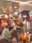  1boy 4girls alcohol animal_ear_fluff animal_ears apron arknights beer_can bison_(arknights) black_capelet black_hair black_pantyhose black_shorts blonde_hair bottle brown_hair can capelet cow_boy cow_ears croissant_(arknights) drink_can drunk exusiai_(arknights) fang fur_trim gloves green_shirt halo highres holding holding_bottle holding_cooking_pot hoshiguma_(arknights) indoors jacket multicolored_hair multiple_girls mutomorokoshi name_tag necktie open_clothes open_jacket orange_apron orange_hair pantyhose pantyhose_under_shorts party penguin_logistics_(arknights) red_hair red_necktie shirt short_hair shorts skirt sleeves_rolled_up sora_(arknights) texas_(arknights) twintails white_jacket wolf_ears wolf_girl worried yellow_halo 
