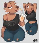 anthro big_breasts bottomwear breasts buckteeth capybara caviid clothed clothing container cup denim denim_bottomwear denim_clothing digital_media_(artwork) female hand_on_hip hands_behind_head hi_res holding_container holding_cup holding_object jeans leaning leaning_forward lidded_eyes looking_aside mammal midriff multiple_poses navel off_shoulder pants pose rodent sleakj3 smile smiley_face solo teeth thick_thighs thigh_gap torn_bottomwear torn_clothing torn_jeans torn_pants wide_hips