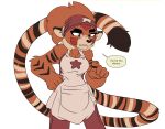 2023 anthro apron big_breasts breasts clothing daaberlicious dialogue felid female fur gesture handband mammal markings orange_body orange_fur pantherine pointing solo speech_bubble striped_markings stripes text tiger xin_yang_(mariiboops)